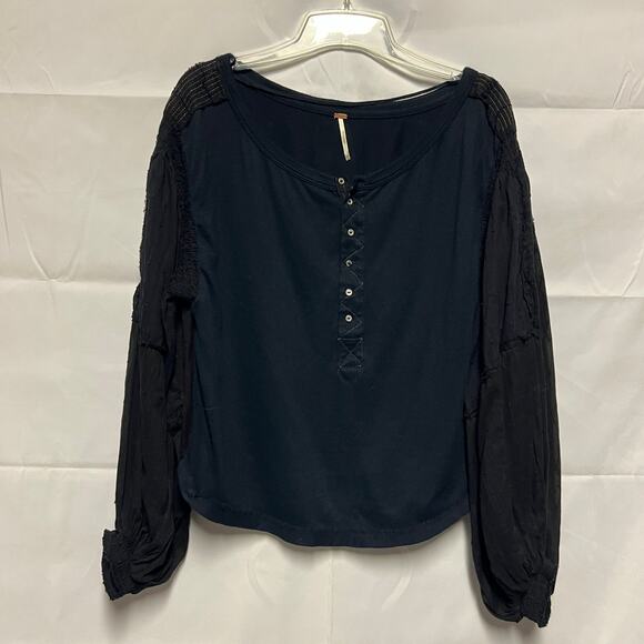 Free People Light Magic Womens Sweater Medium Cotton Henley Puff Sleeve Boho - Picture 2 of 12